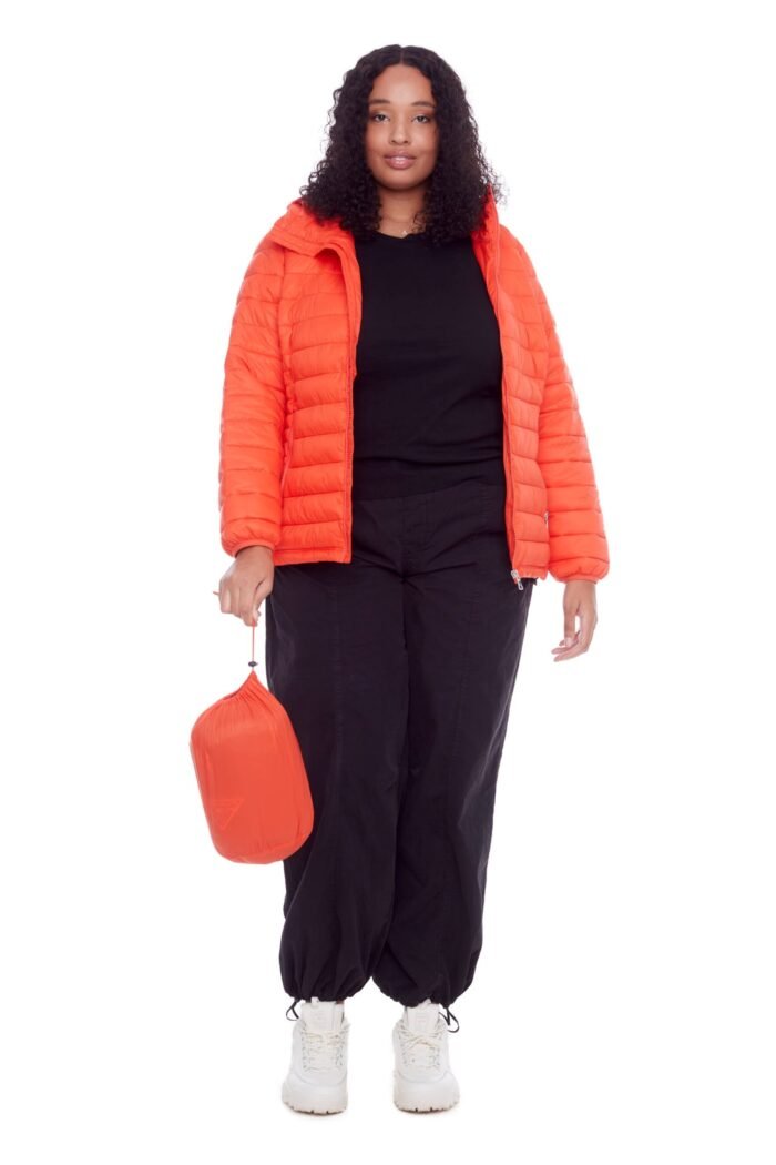 YOHO PLUS | WOMEN'S VEGAN DOWN (RECYCLED) LIGHTWEIGHT PACKABLE PUFFER. TANGERINE (PLUS SIZE) - Image 2