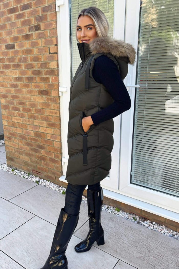 Khaki Faux Fur Hooded Gilet - Image 7