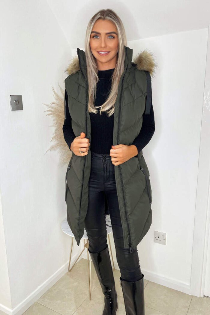 Khaki Faux Fur Hooded Gilet - Image 8