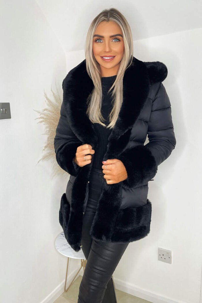 Black Faux Fur Trim Belted Jacket - Image 2