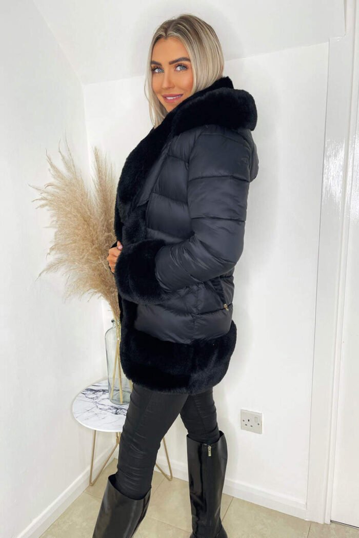 Black Faux Fur Trim Belted Jacket - Image 3