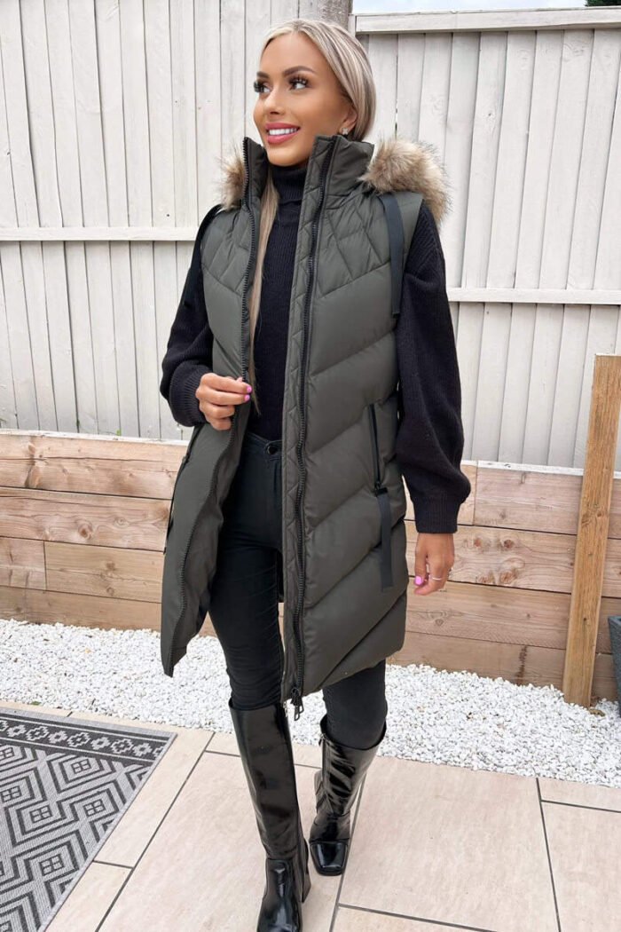 Khaki Faux Fur Hooded Gilet - Image 2