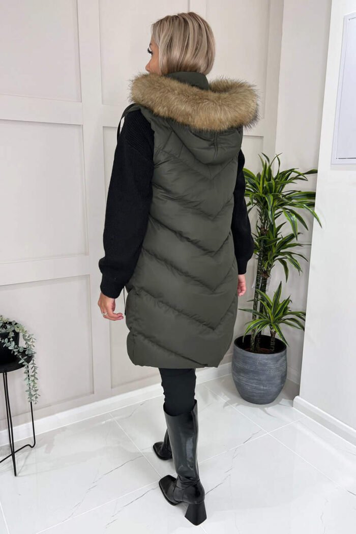 Khaki Faux Fur Hooded Gilet - Image 5