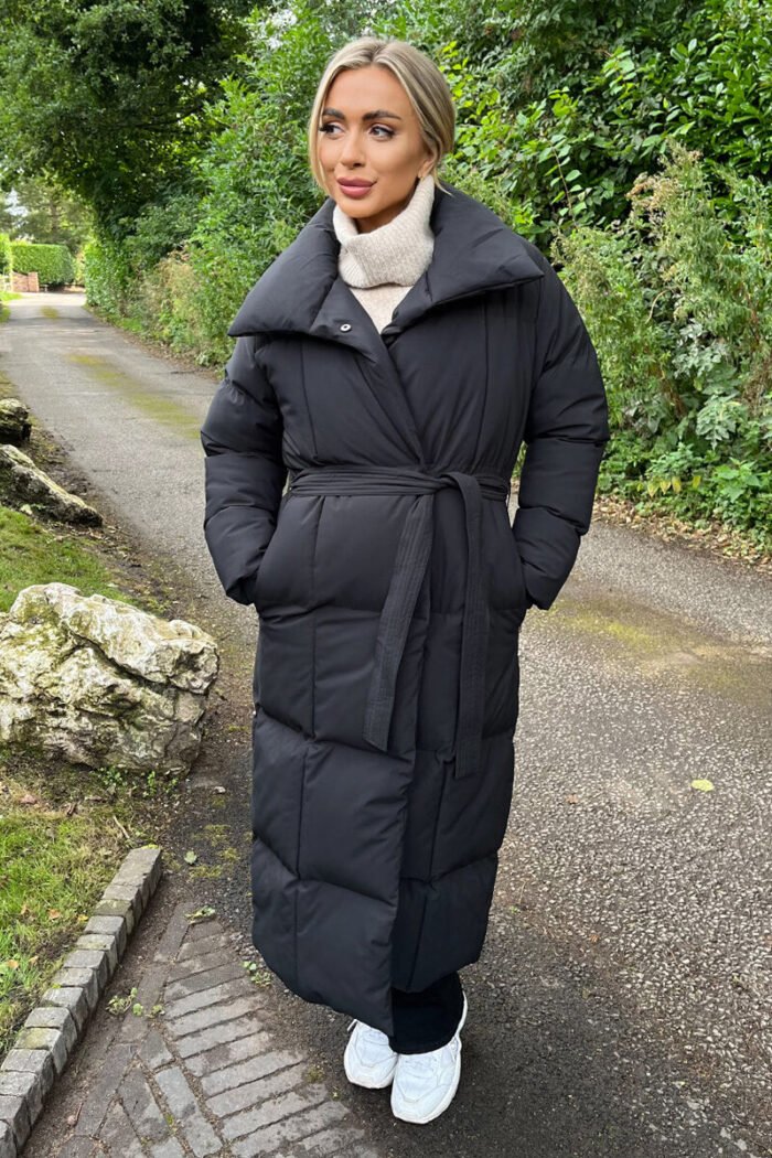 Black Tie Waist Quilted Longline Puffer Coat - Image 2