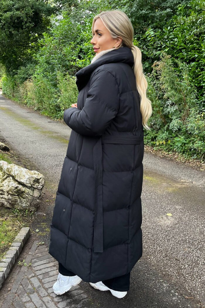 Black Tie Waist Quilted Longline Puffer Coat - Image 4