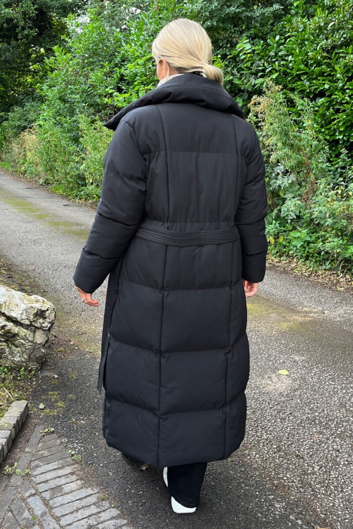 Black Tie Waist Quilted Longline Puffer Coat - Image 5