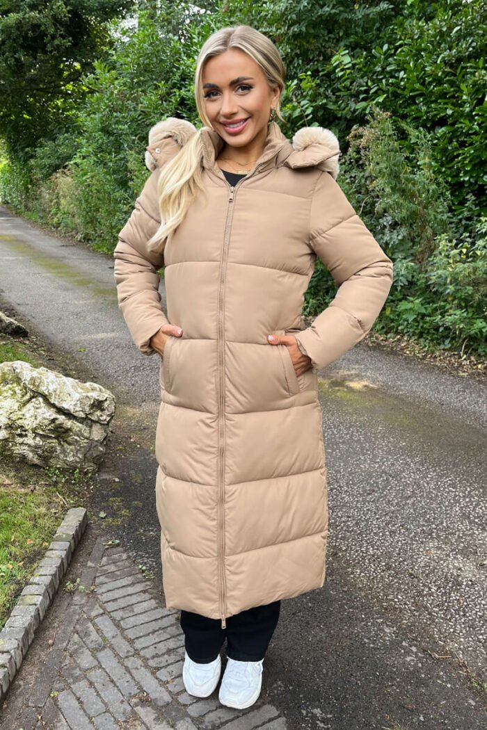 Biscuit Faux Fur Hooded Longline Padded Coat - Image 2