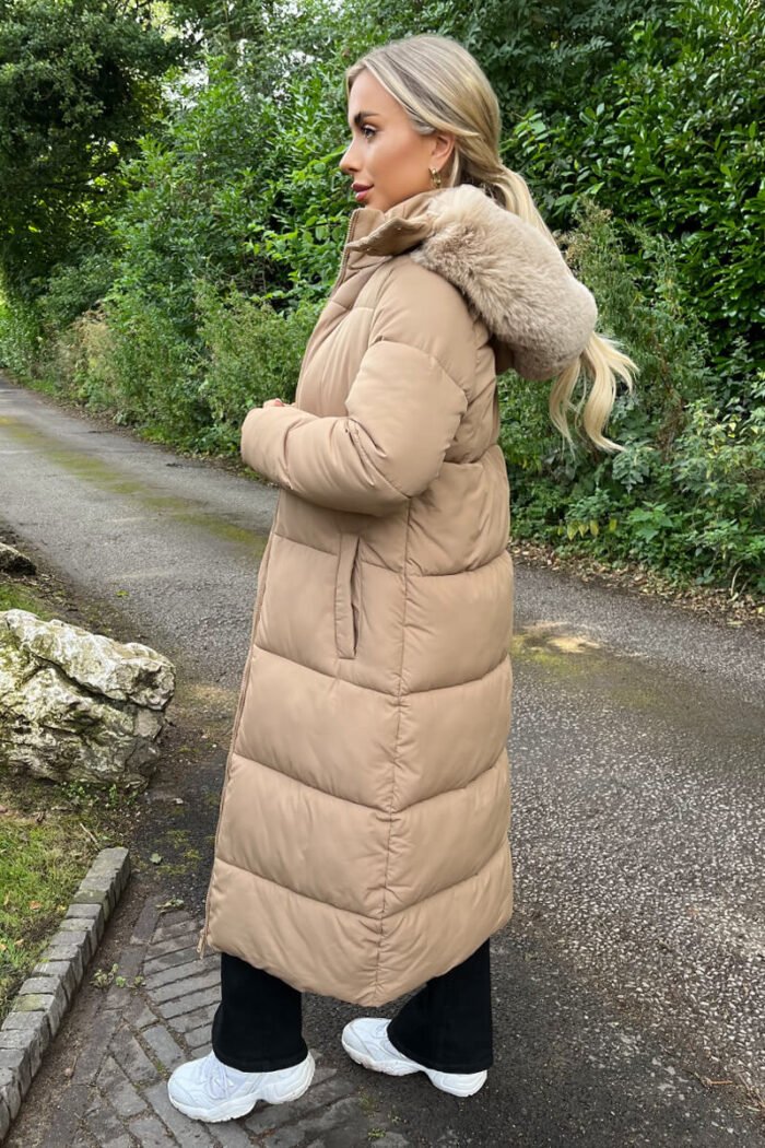 Biscuit Faux Fur Hooded Longline Padded Coat - Image 4